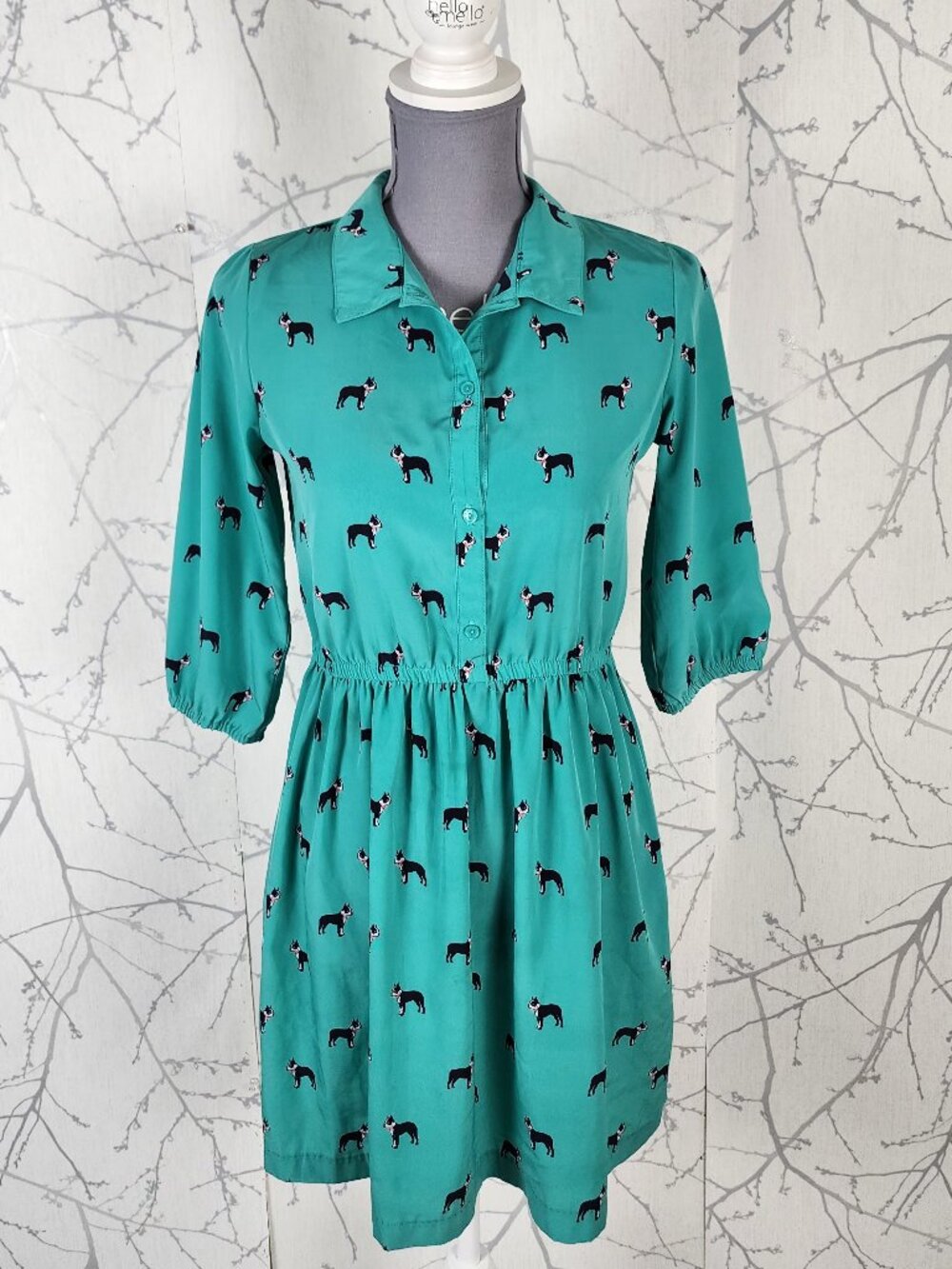 Cherokee Mint Green Frenchie Dog Print Popover A-Line Dress